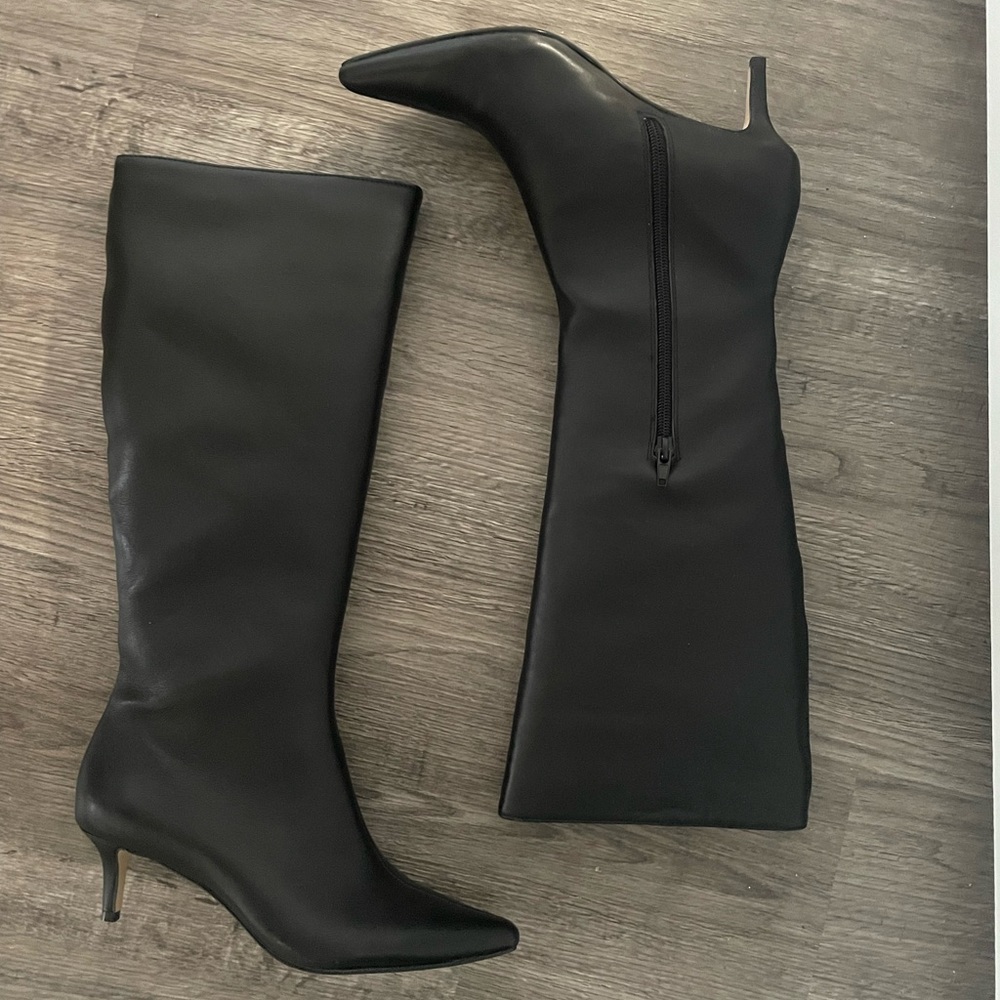 NWT Black Genuine Leather Knee High Boots, Saks Fifth Avenue